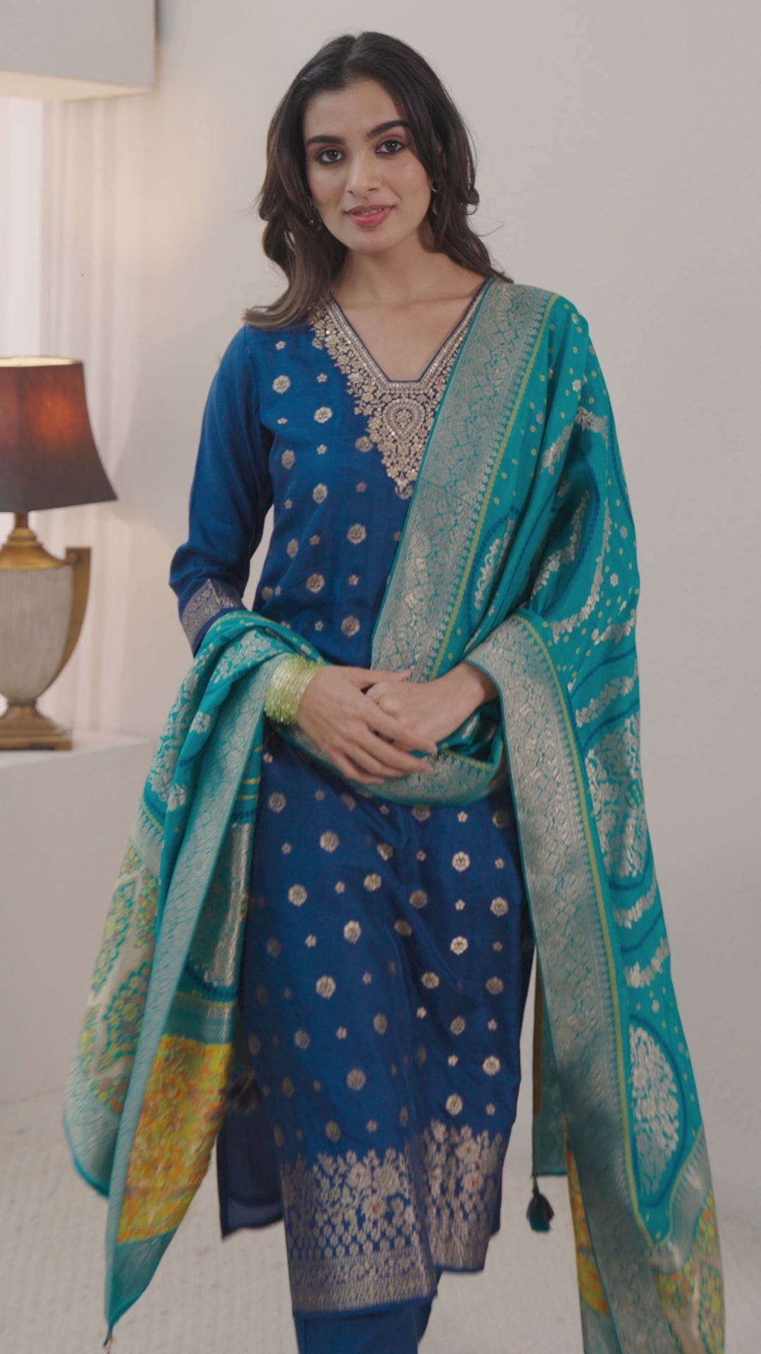  Libas Blue Woven Design Silk Blend Straight Suit Set With Dupatta 