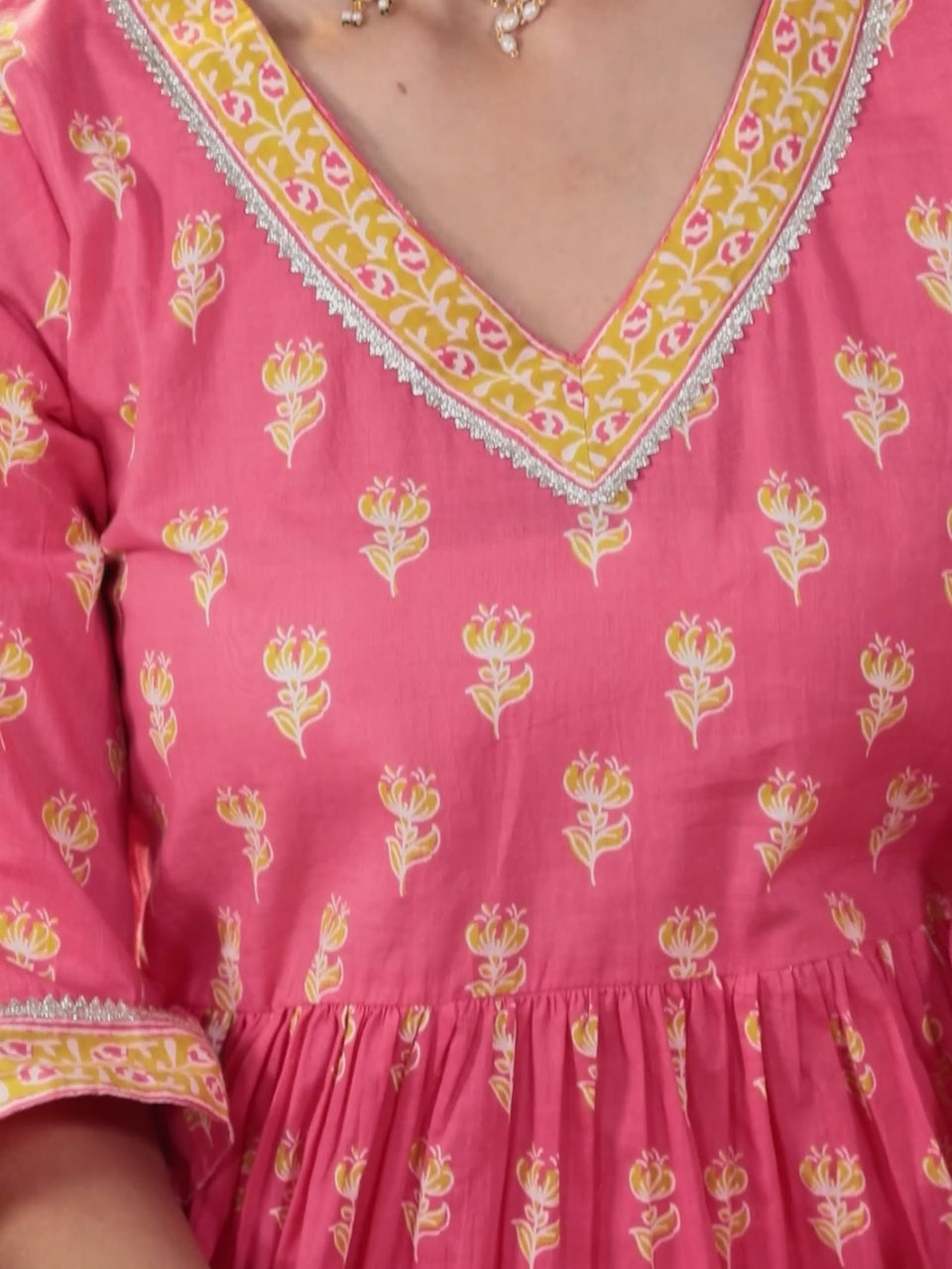 Coral Printed Cotton A-Line Kurta With Trousers & Dupatta