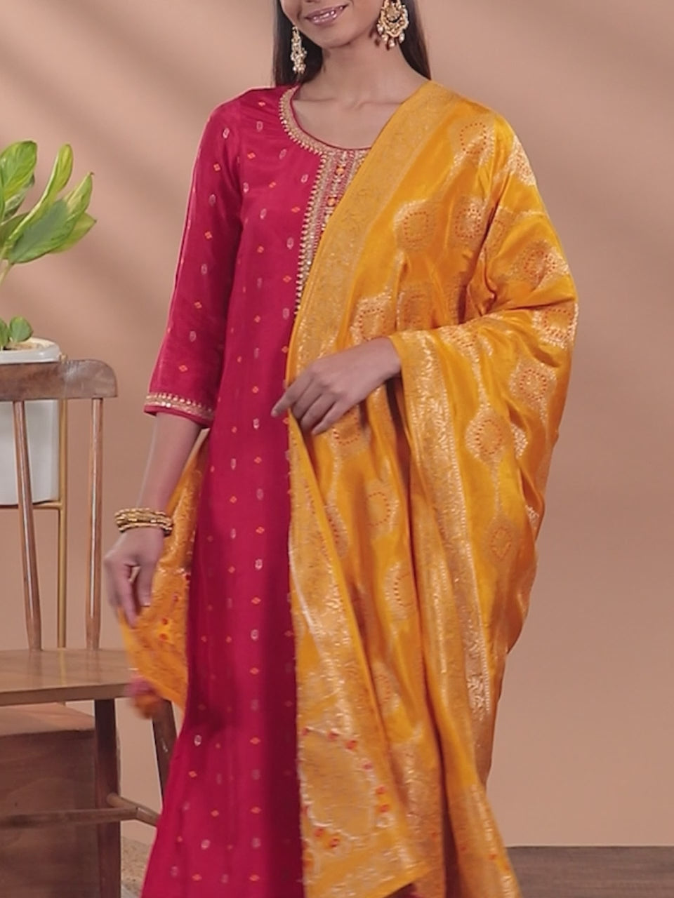  Red Woven Design Silk Straight Suit With Dupatta 