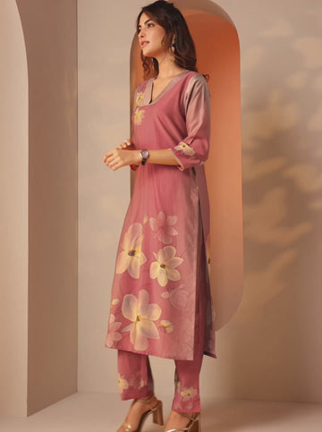 Peach Printed Silk Blend Straight Suit Set With Dupatta
