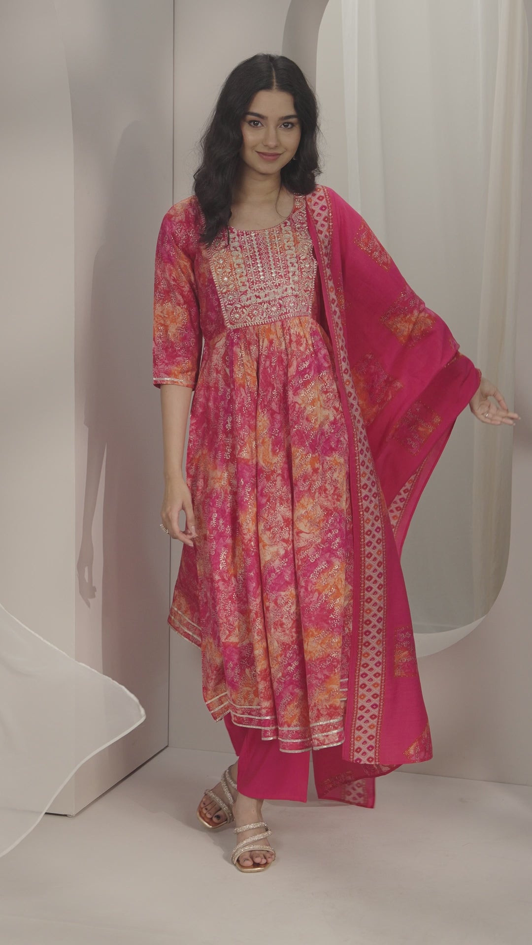  Pink Printed Silk Blend Anarkali Suit Sets With Dupatta 