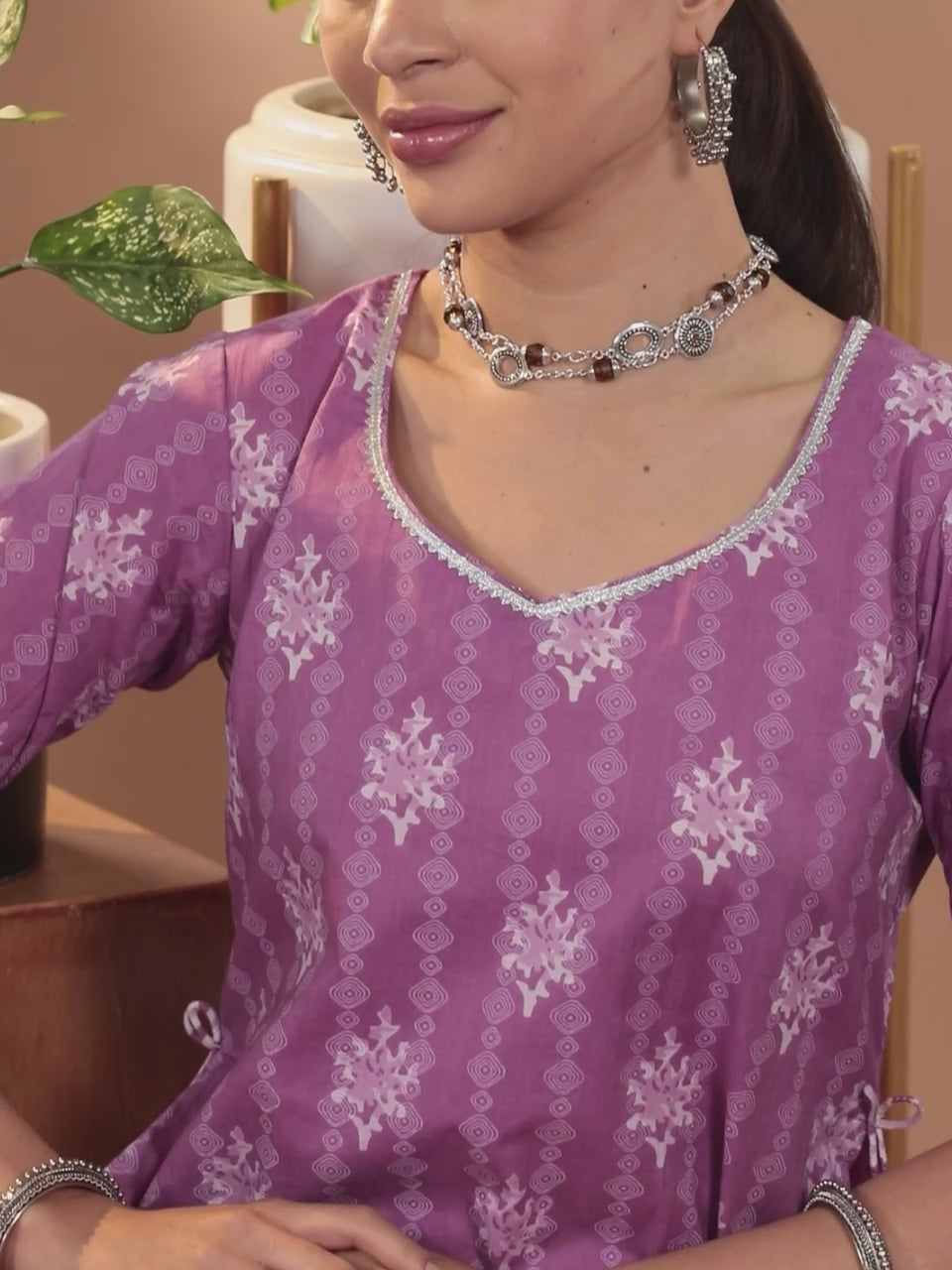  Purple Printed Cotton Straight Kurta With Skirt & Dupatta 