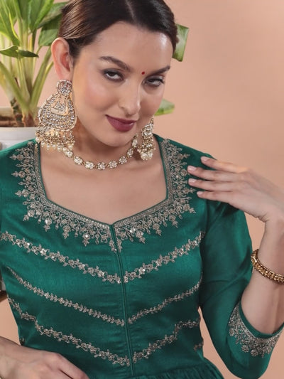 Green Embroidered Silk Blend Anarkali Kurta With Trousers & Dupatta