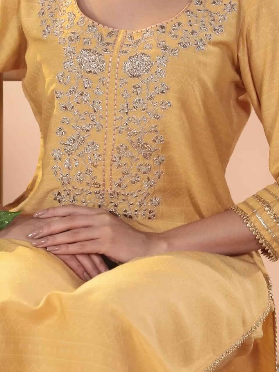 Yellow Yoke Design Silk Blend Straight Kurta With Trousers & Dupatta