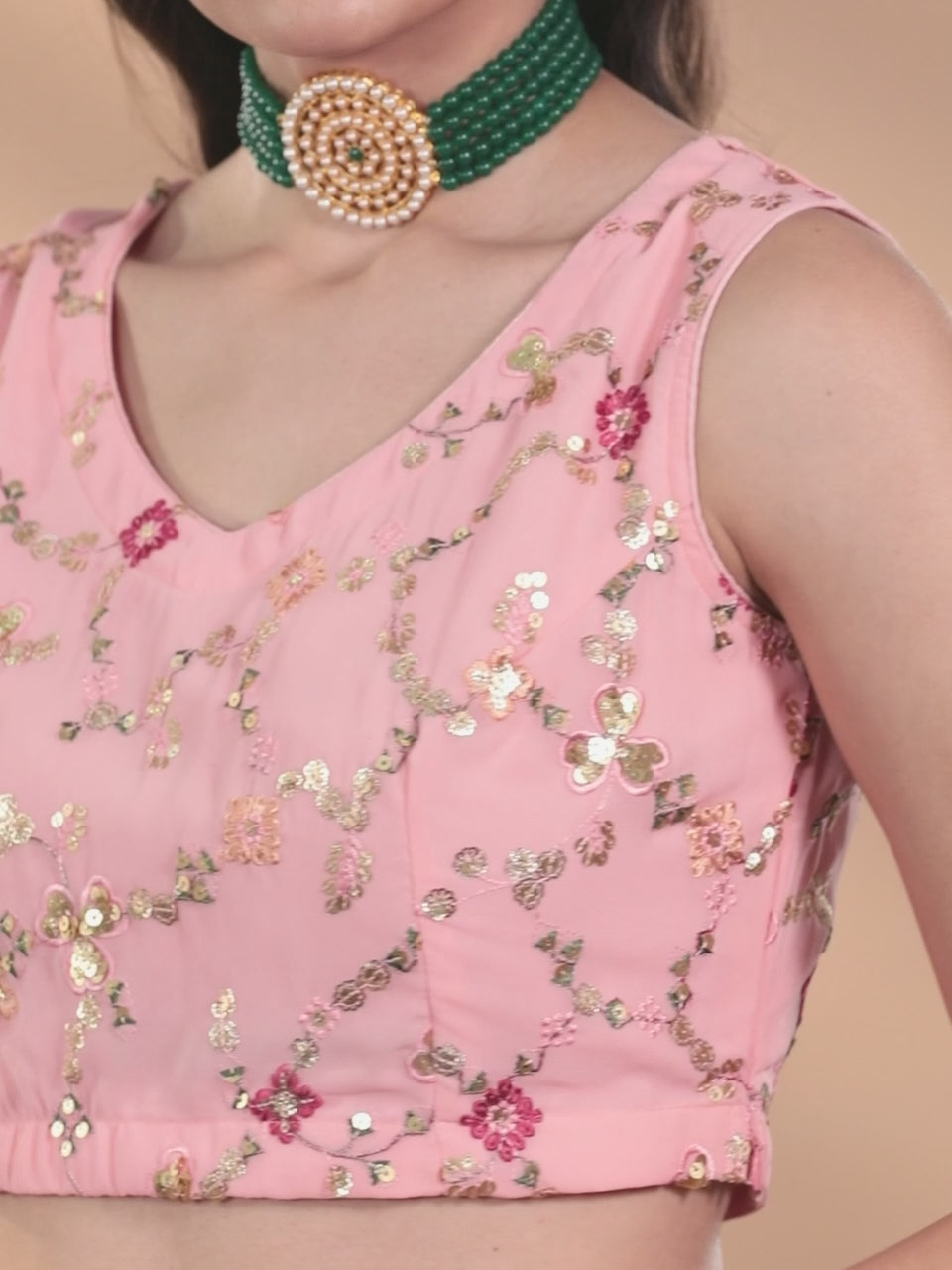  Pink Embellished Georgette Stitched Saree 