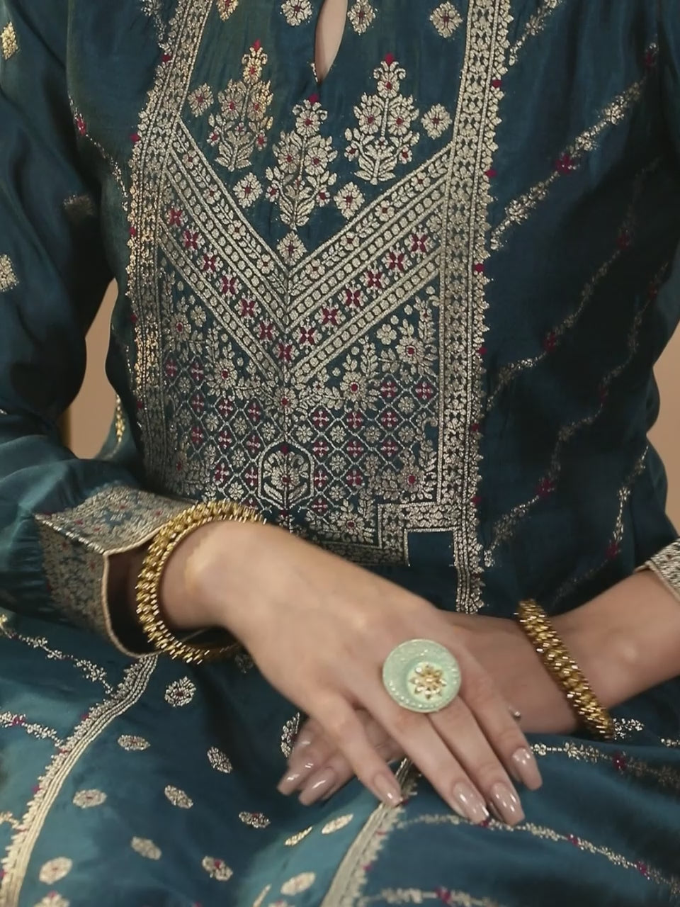  Teal Woven Design Silk Blend Straight Kurta With Trousers & Dupatta 