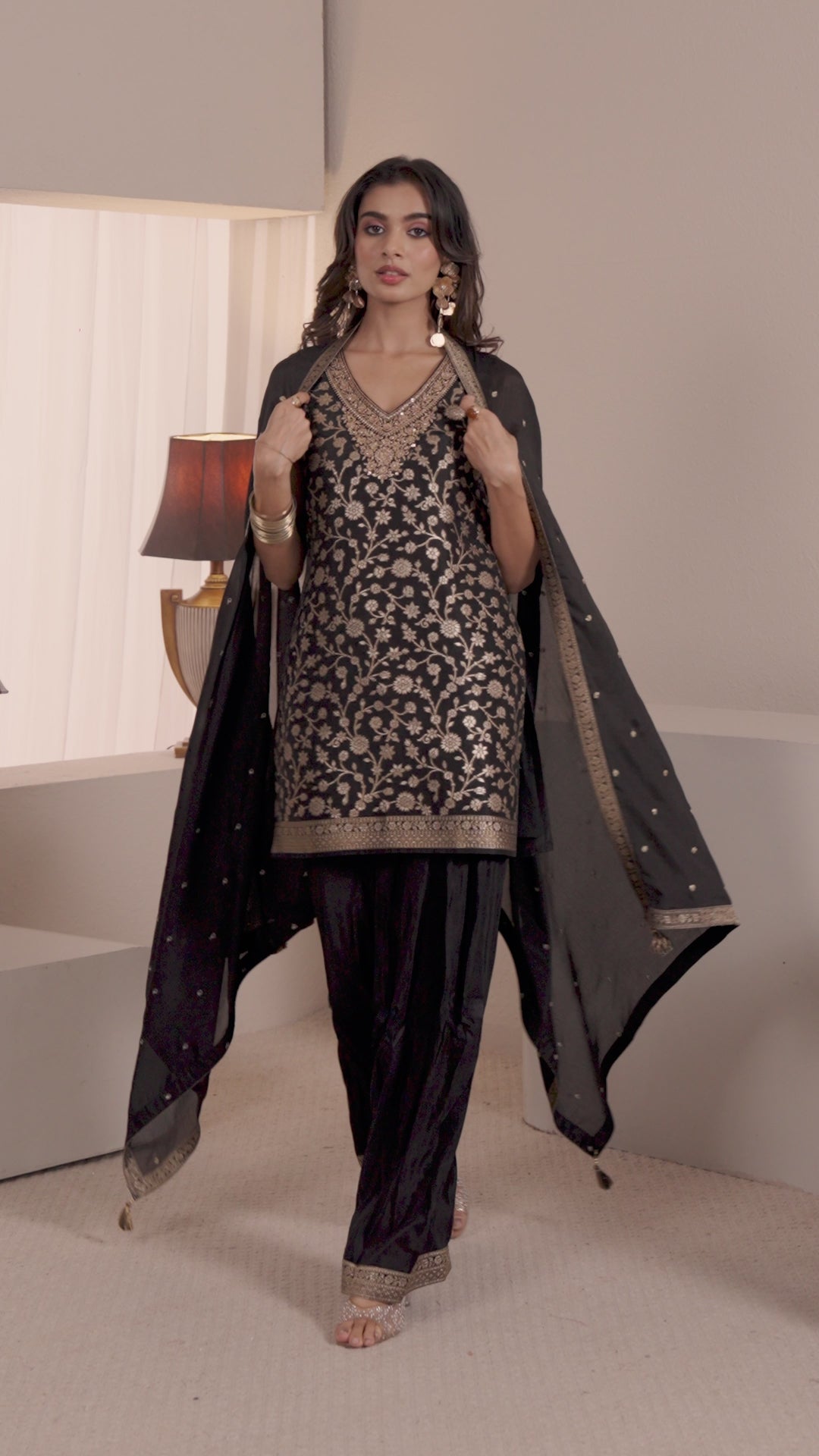  Libas Black Floral Woven Design Silk Blend Straight Suit Set With Dupatta 