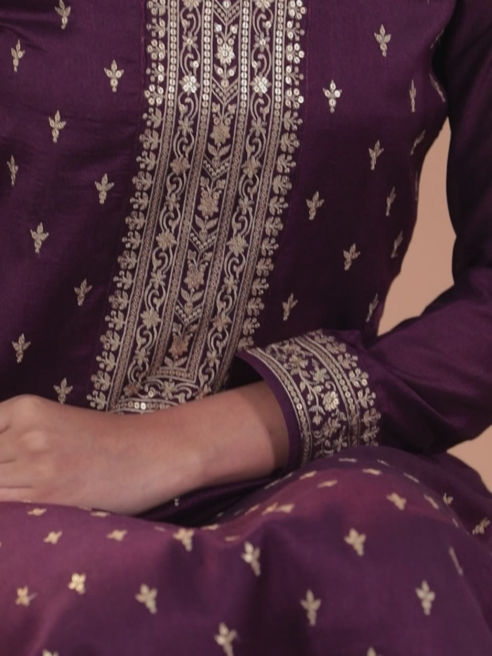  Burgundy Embroidered Silk Blend Straight Suit With Dupatta 