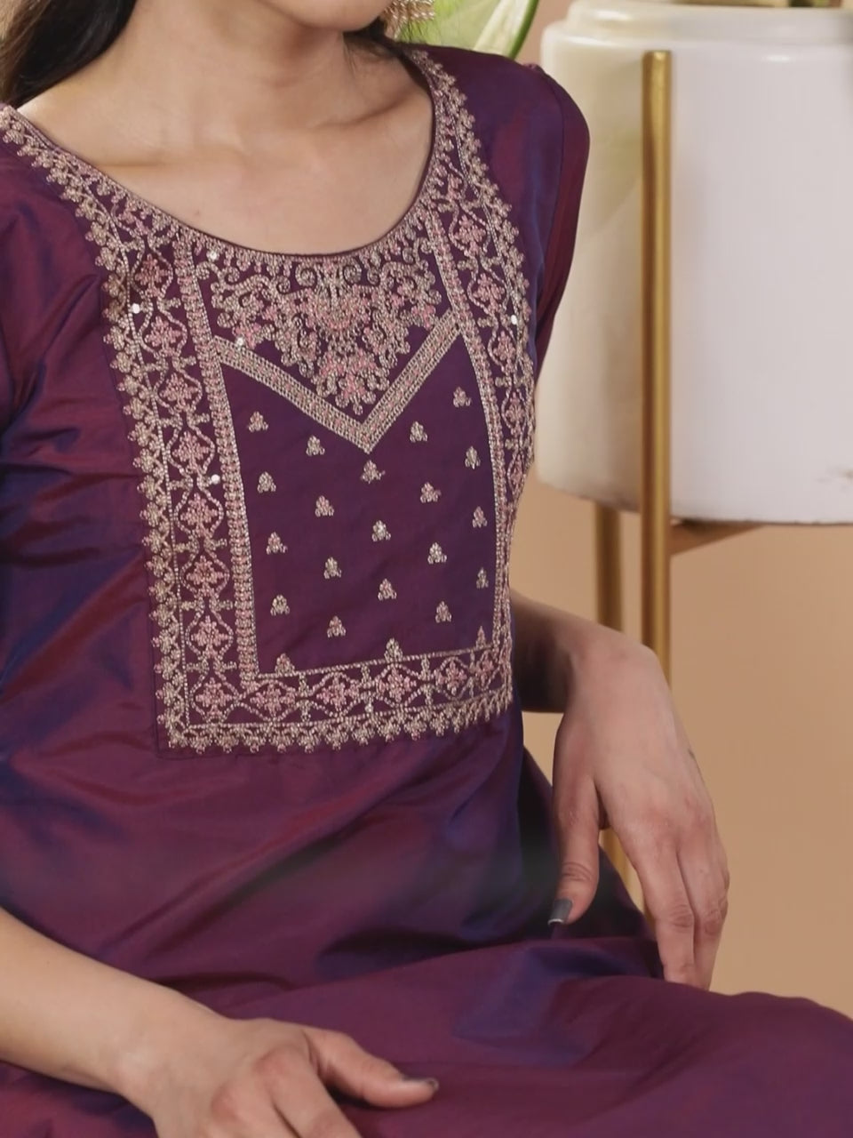 Purple Yoke Design Silk Blend Straight Kurta With Dupatta