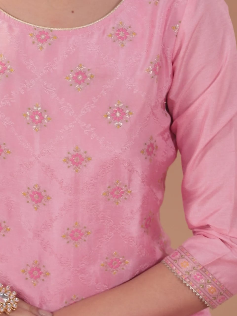  Pink Woven Design Silk Blend Straight Kurta With Trousers & Dupatta 