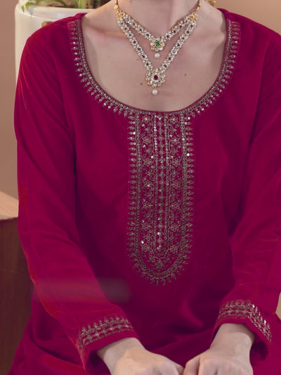 Hot Pink Yoke Design Velvet Straight Kurta With Palazzos & Dupatta