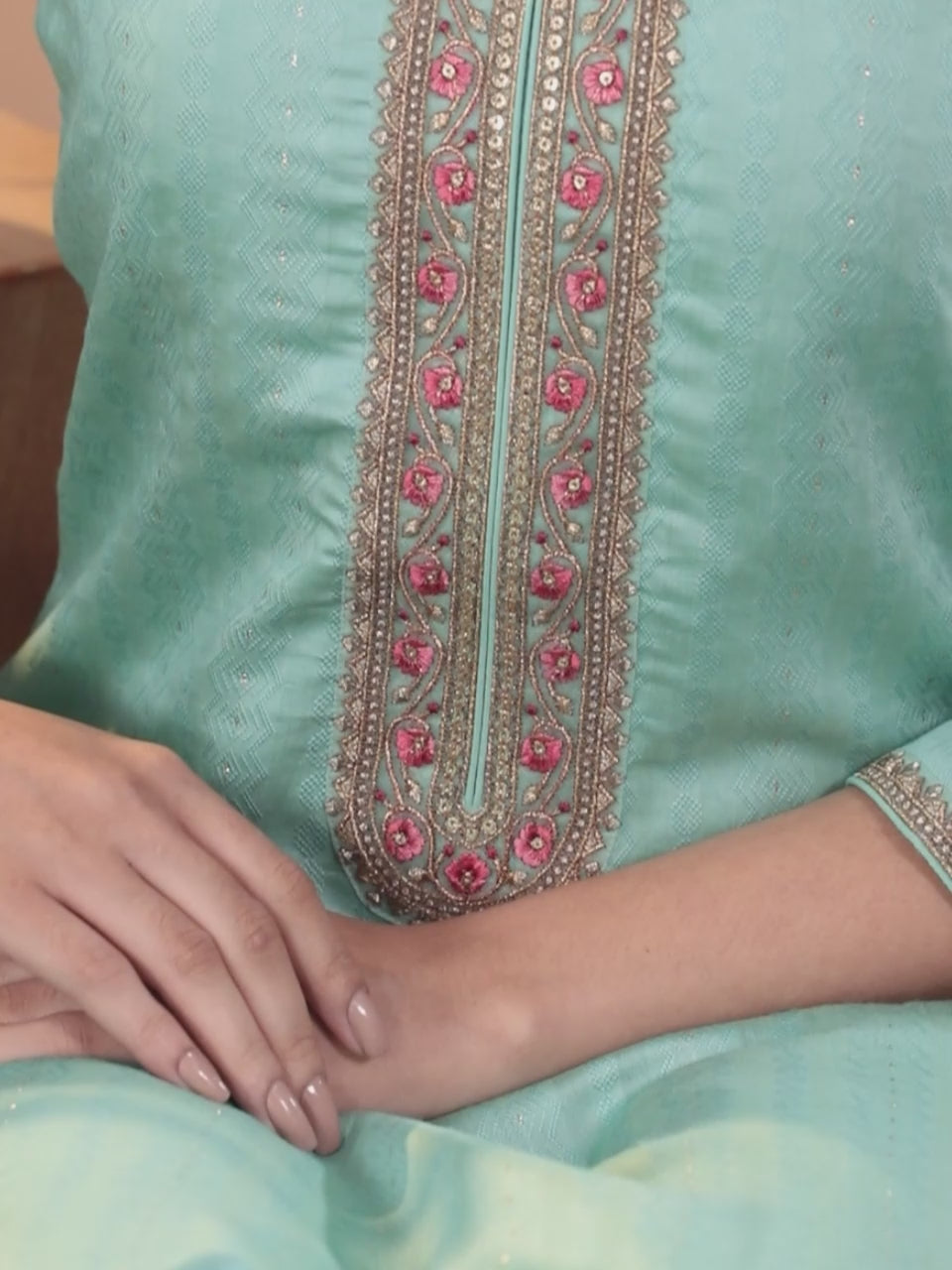  Sea Green Self Design Rayon Straight Kurta With Trousers & Dupatta 