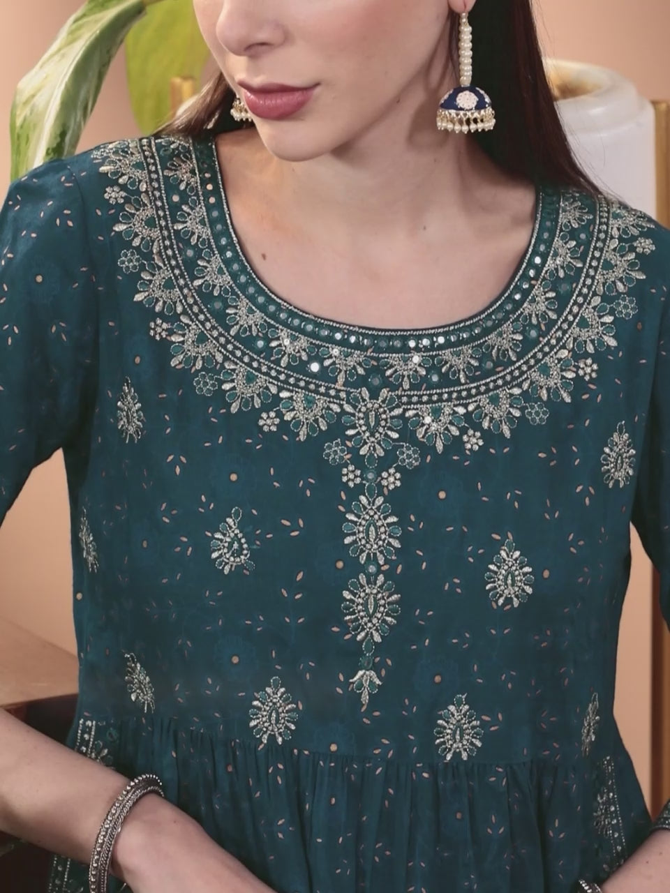  Teal Yoke Design Rayon A-Line Kurta With Trousers & Dupatta 