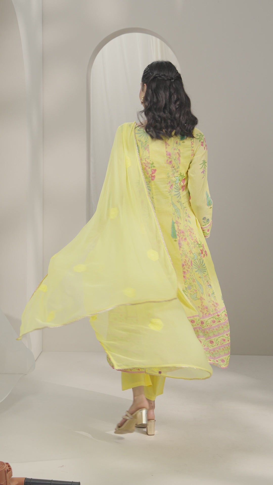  Yellow Printed Cotton Anarkali Suit Set With Dupatta 