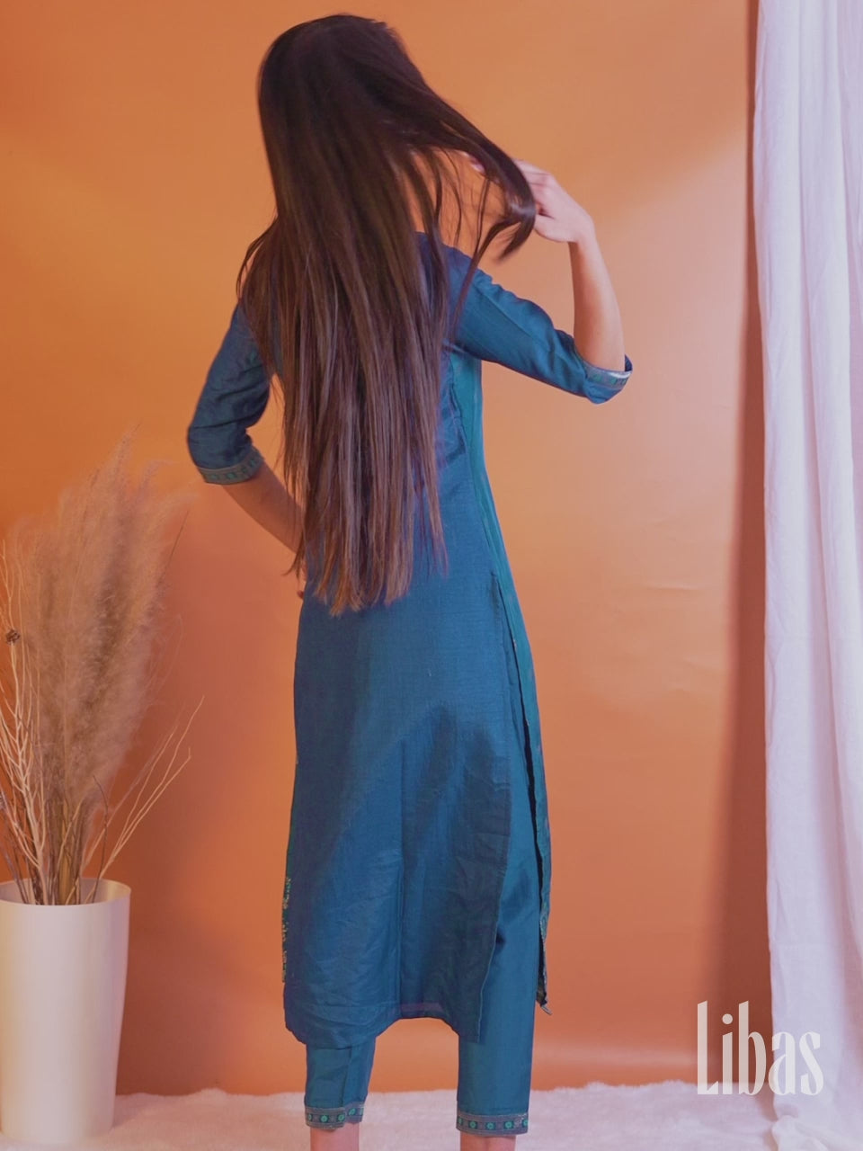  Teal Self Design Silk Straight Kurta With Dupatta 