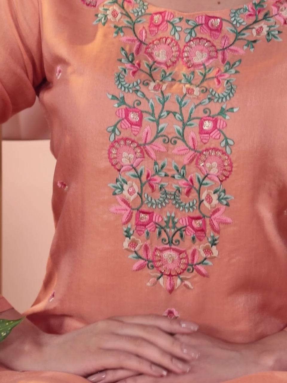  Peach Yoke Design Silk Blend Straight Kurta With Trousers & Dupatta 