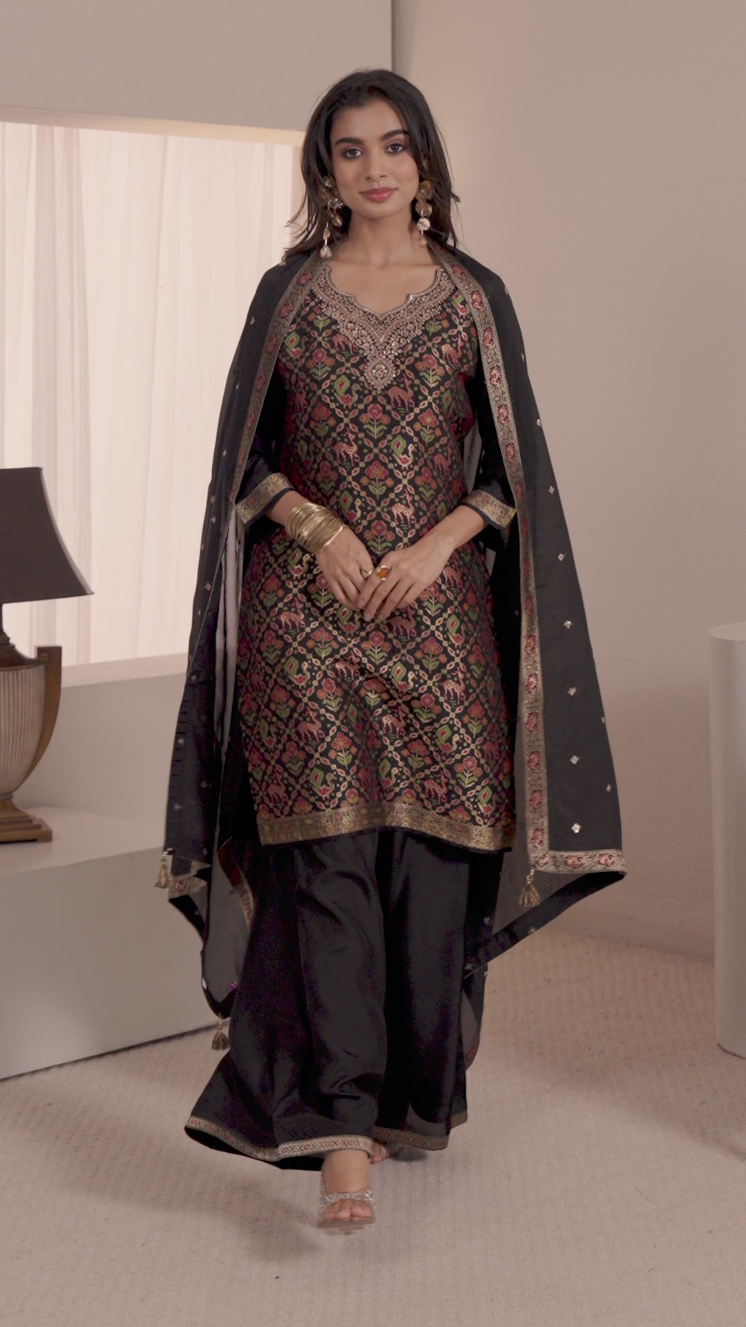  Libas Art Black Patola Woven Design Silk Blend Straight Suit Set With Dupatta 