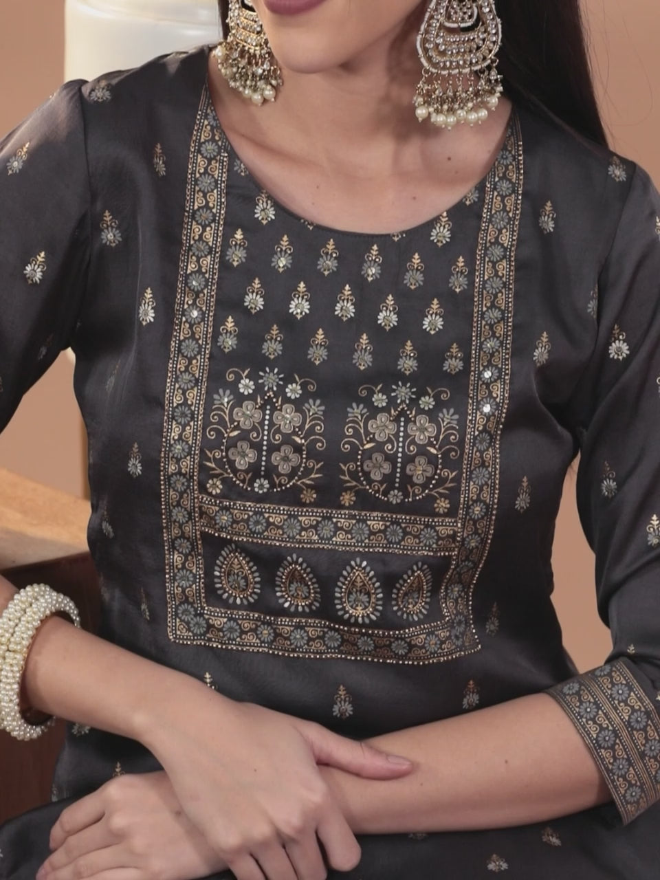  Grey Yoke Design Silk Blend Straight Kurta With Trousers & Dupatta 