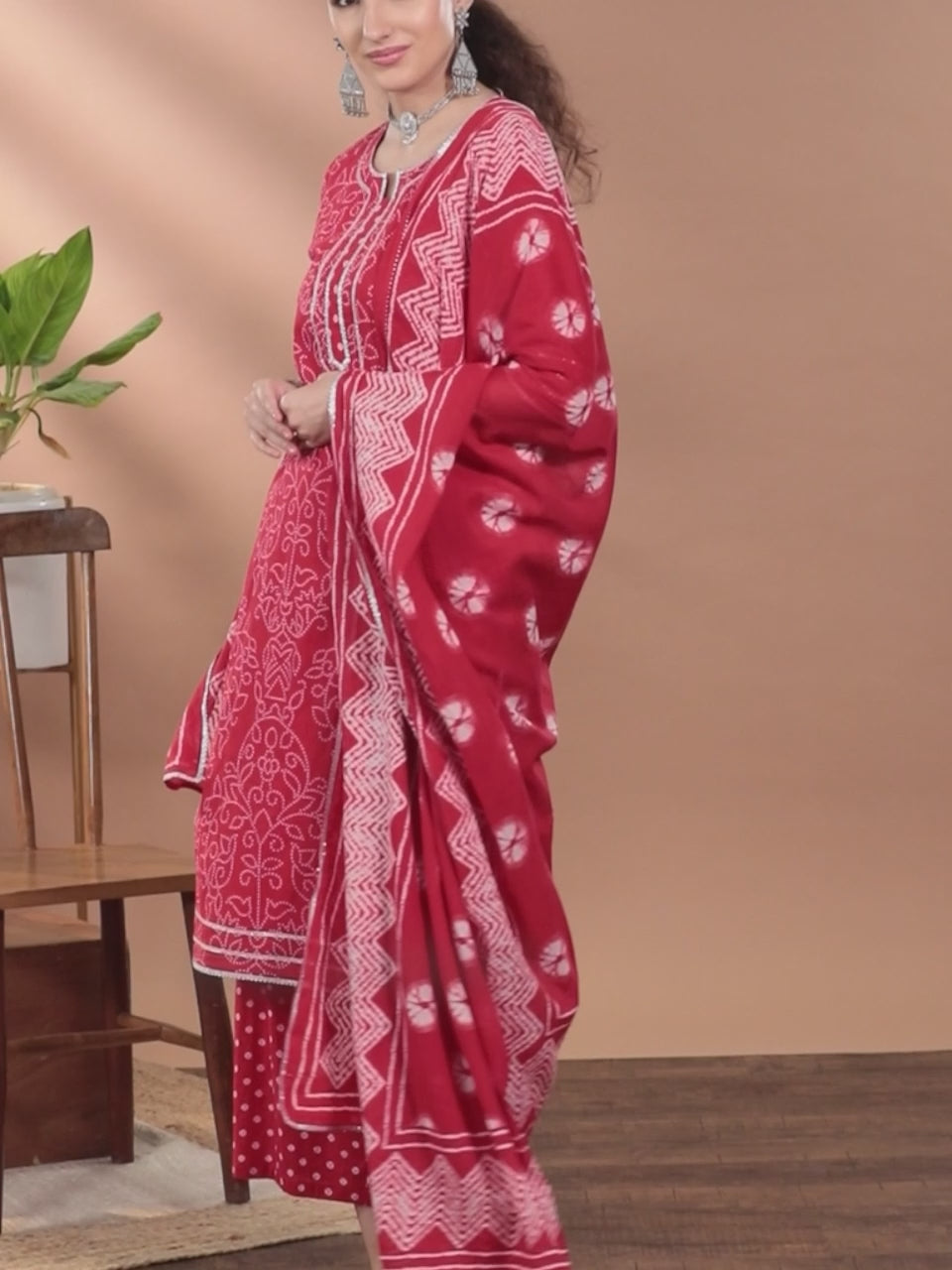  Red Printed Cotton Straight Kurta With Palazzos & Dupatta 