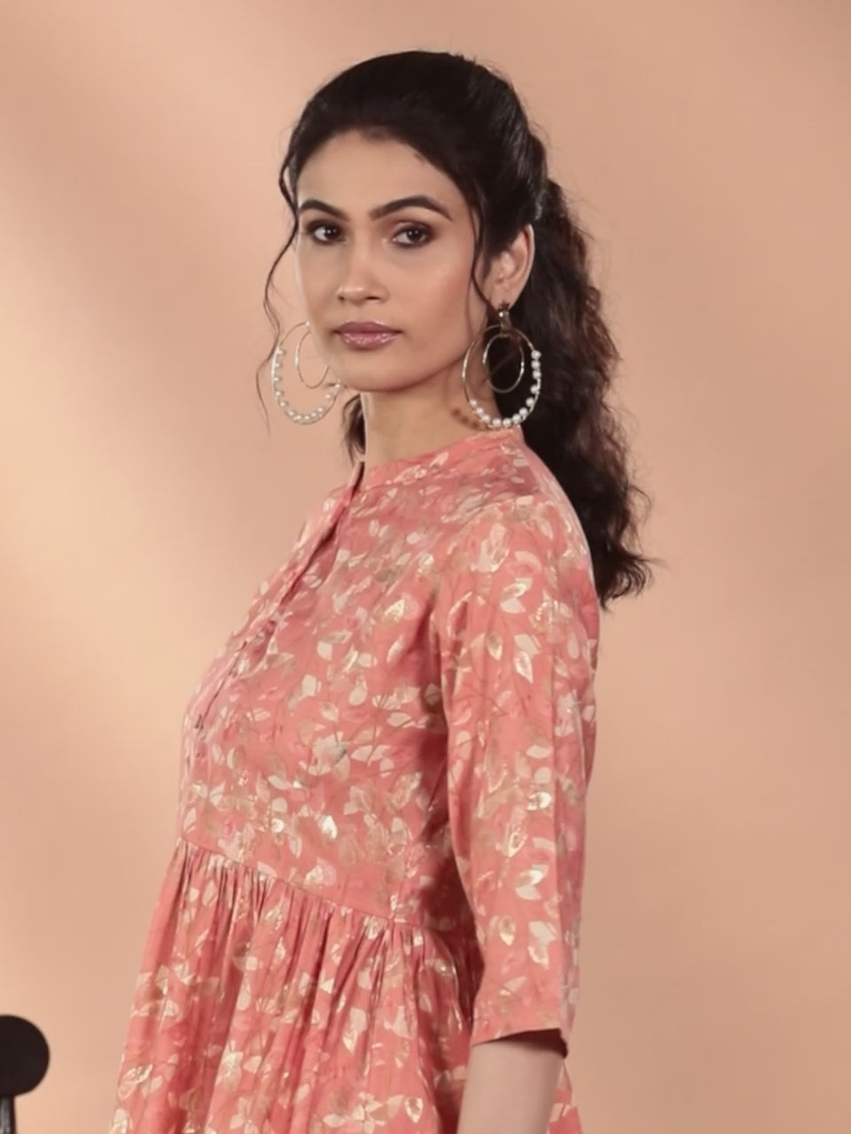  Peach Printed Silk Blend Top With Palazzos 