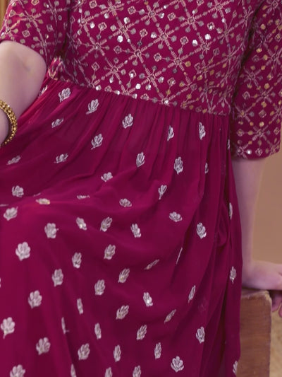 Pink Embroidered Georgette A-Line Kurta With Palazzos & Dupatta