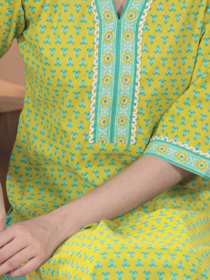 Lime Green Printed Cotton Straight Kurta With Trousers & Dupatta