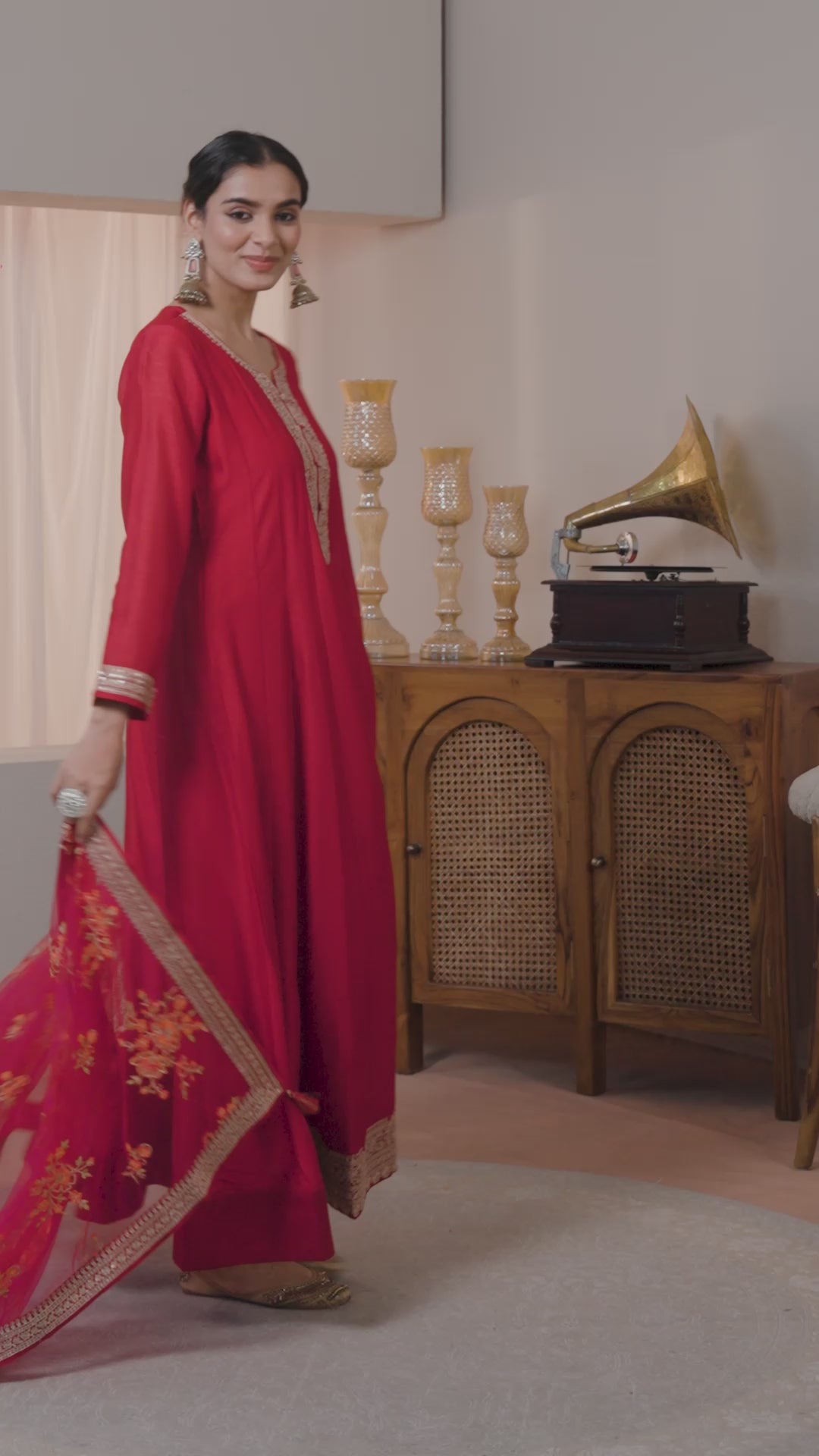  Pink Embroidered Silk A-Line Gown With Dupatta 