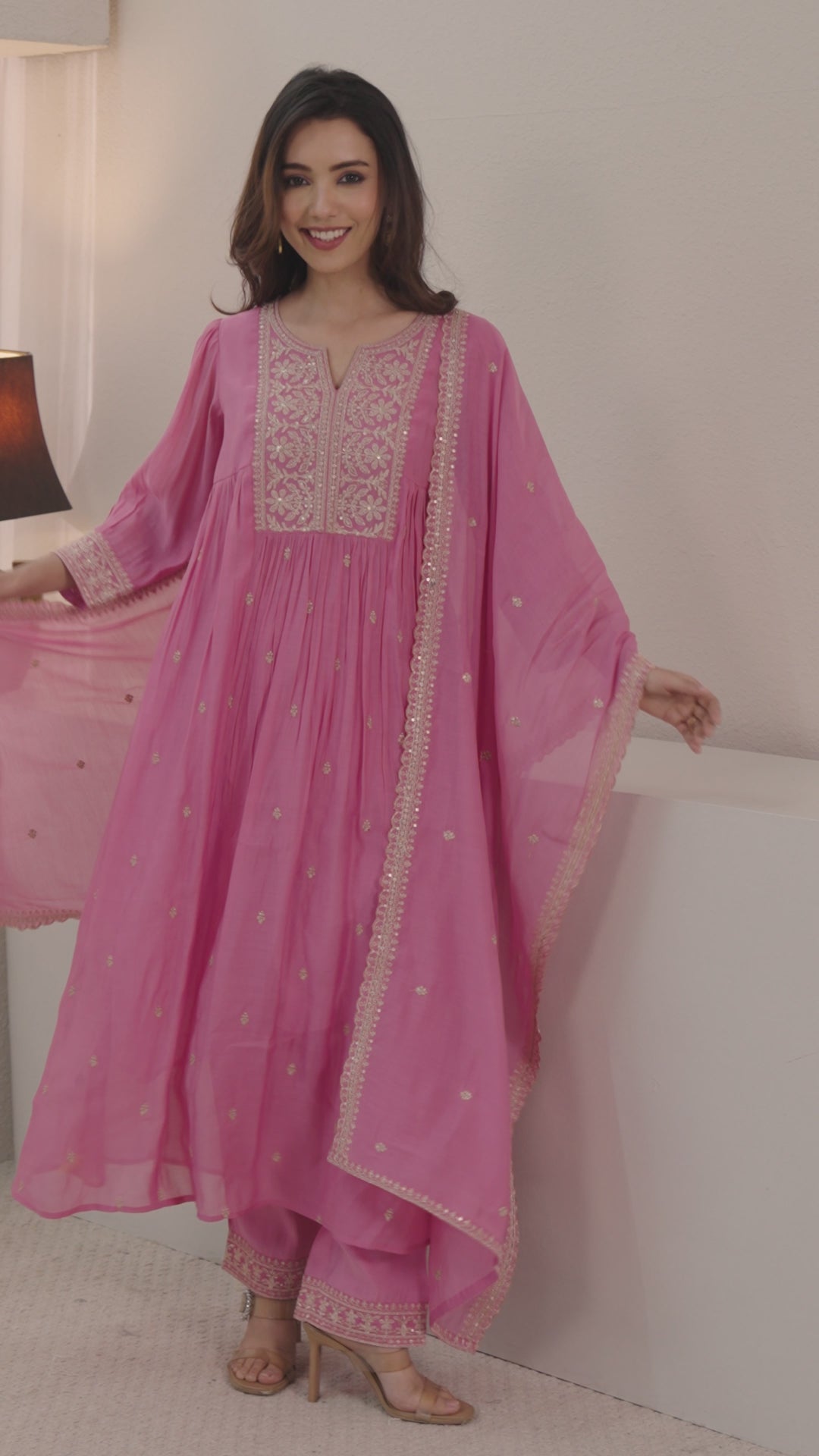  Libas Pink Floral Embroidered Chanderi Cotton A-line Suit Set 