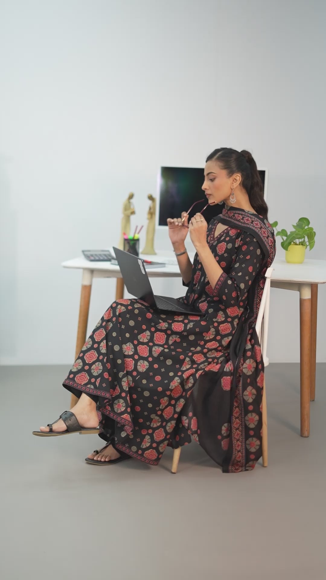  Black Ethnic Motifs Printed Cotton Blend A-Line Suit Set With Dupatta 