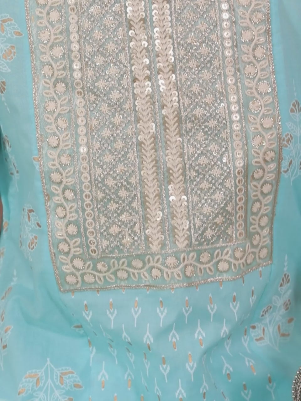  Blue Yoke Design Cotton A-Line Kurta With Trousers & Dupatta 
