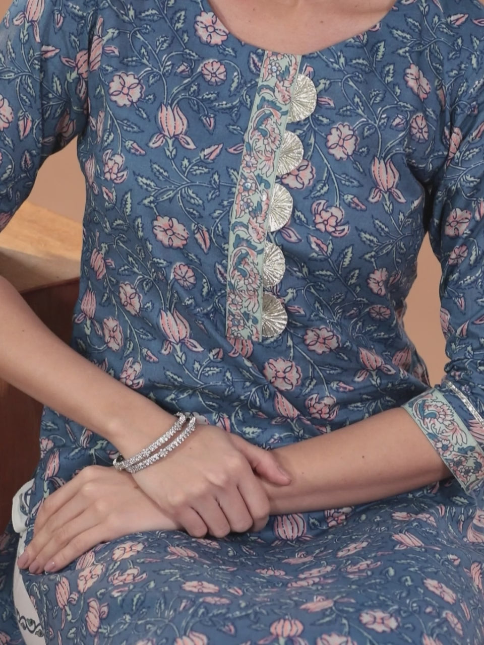  Blue Printed Cotton Straight Kurta With Trousers & Dupatta 