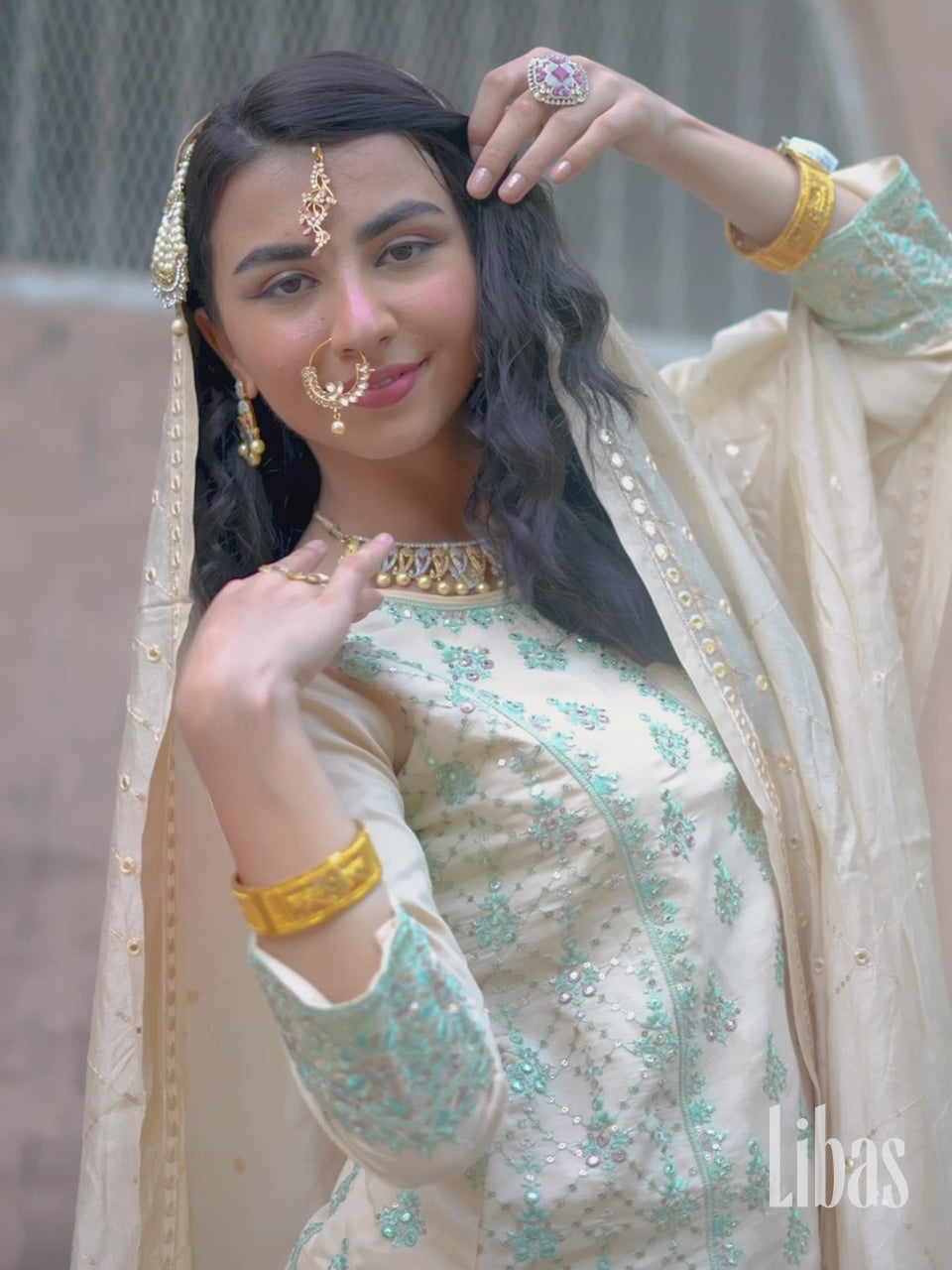  Libas Art Beige Embroidered Silk Blend Pakistani Suit 