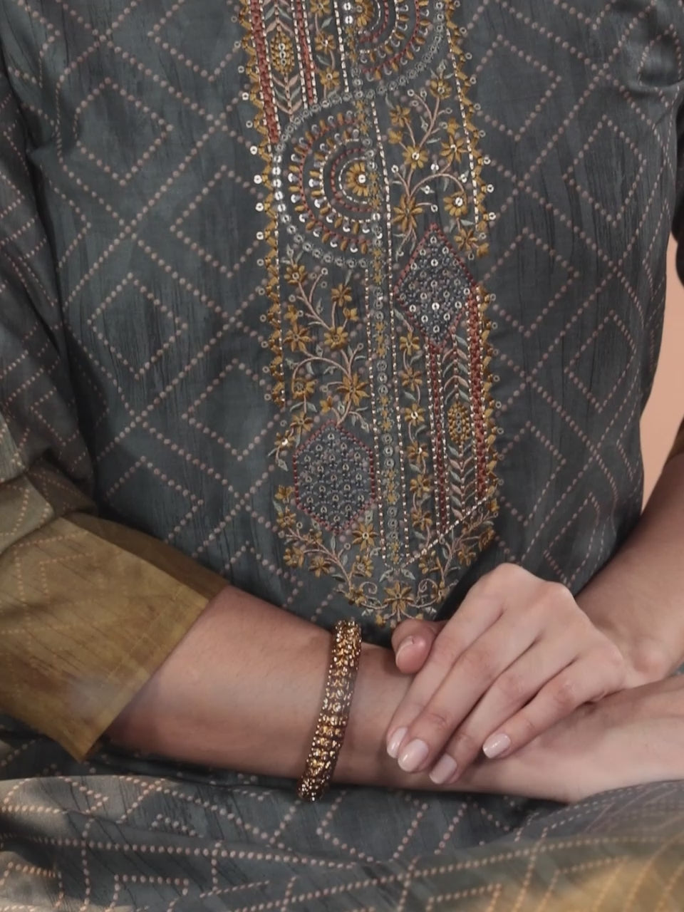  Grey Yoke Design Silk Blend Straight Kurta With Trousers & Dupatta 