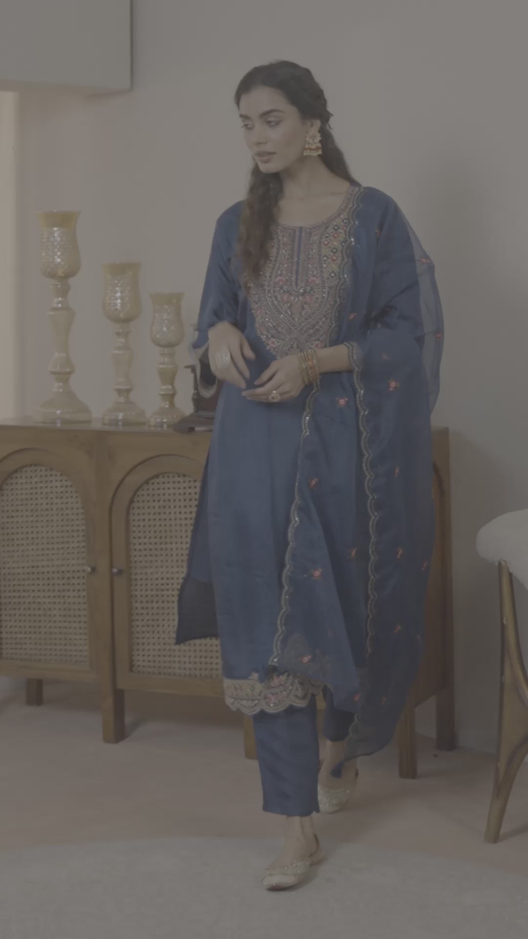  Blue Ethnic Embroidered Silk Blend Straight Suits Set With Dupatta 