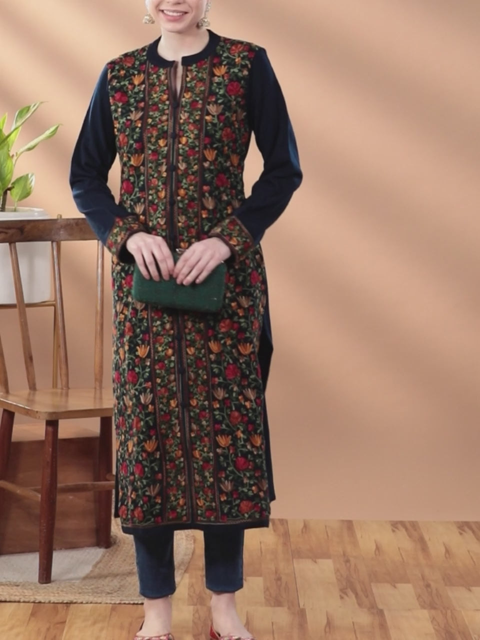  Blue Embroidered Wool Straight Kurta 