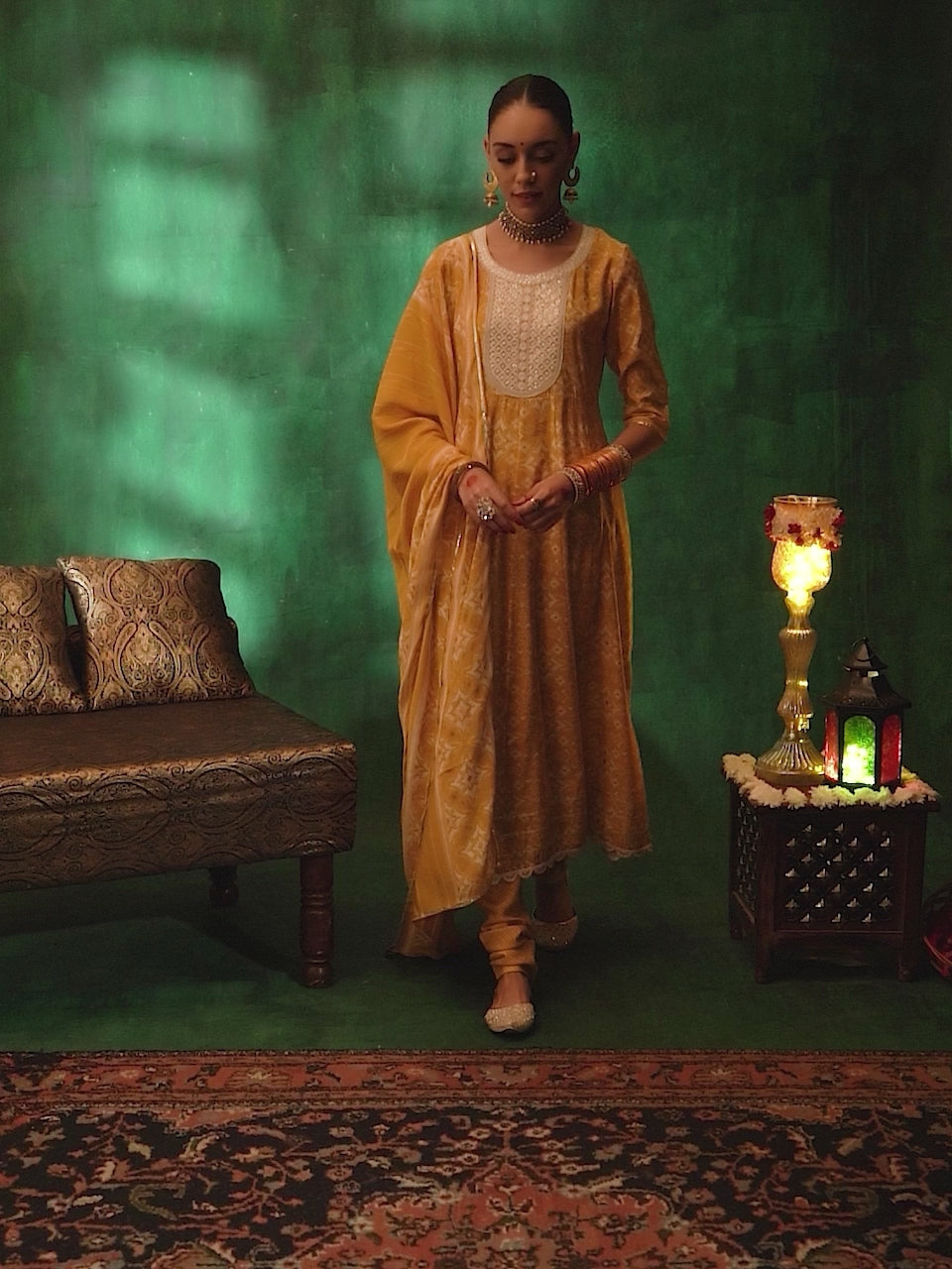  Mustard Printed Silk Blend Anarkali Suit With Dupatta 