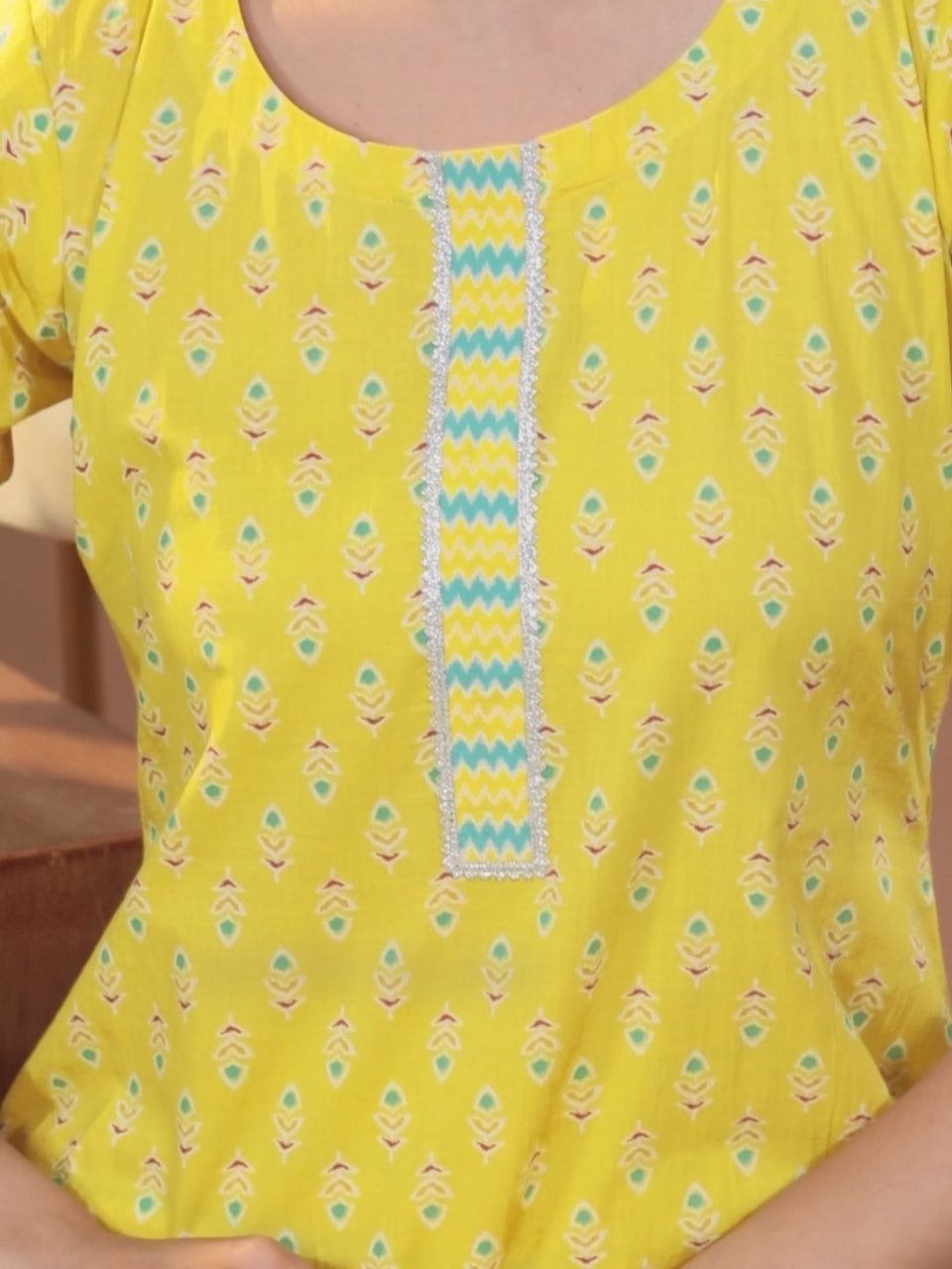  Yellow Printed Cotton Straight Kurta With Trousers & Dupatta 