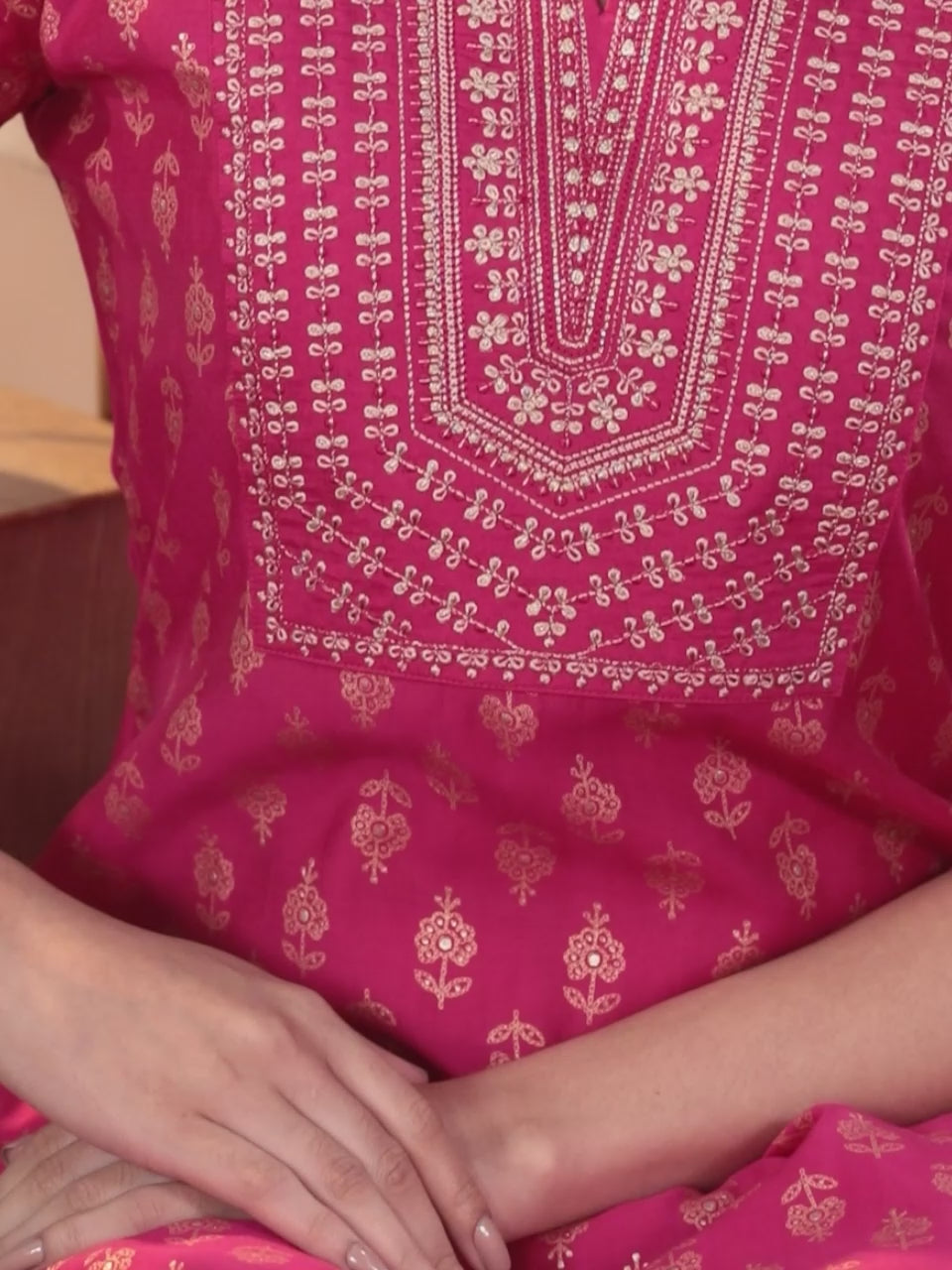  Pink Printed Silk Blend Straight Kurta With Trousers & Dupatta 