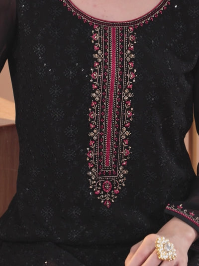 Black Embroidered Georgette Straight Suit With Dupatta