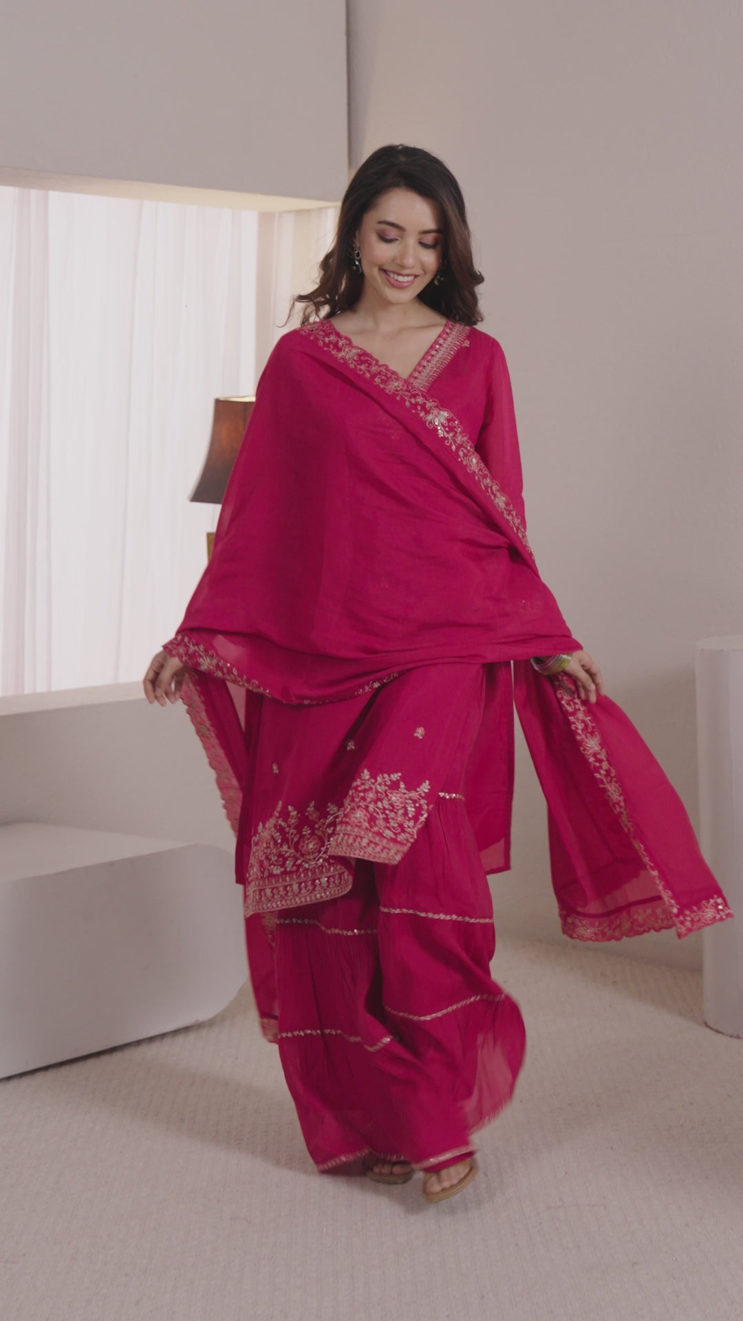  Libas Fuchsia Pink Embroidered Chanderi Cotton Sharara Suit Set 
