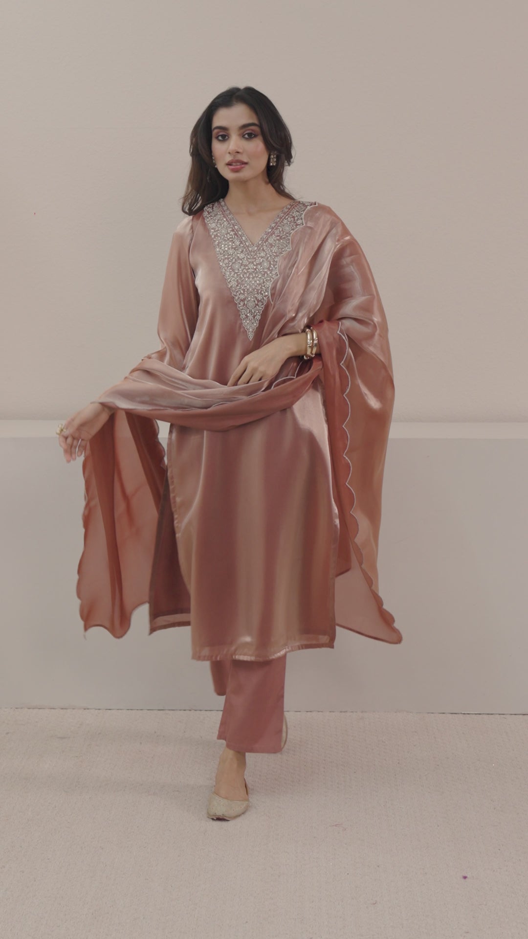  Gerua Peach Yoke Design Tissue Straight Suit Set 