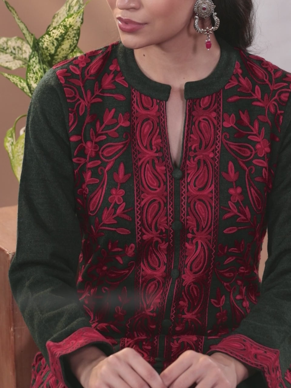  Green Embroidered Wool Straight Kurta Set 