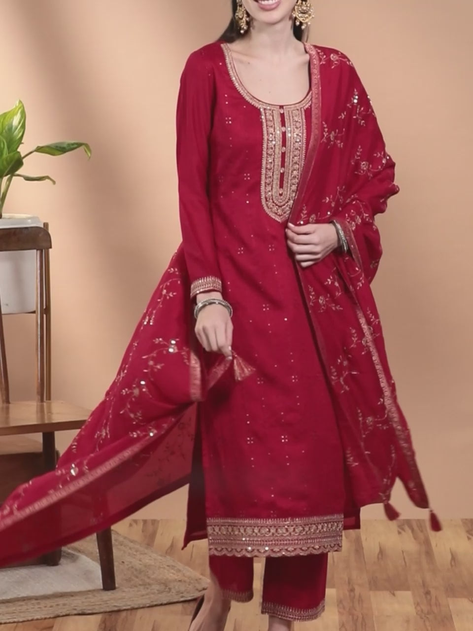  Pink Embroidered Silk Blend Straight Kurta With Trousers & Dupatta 