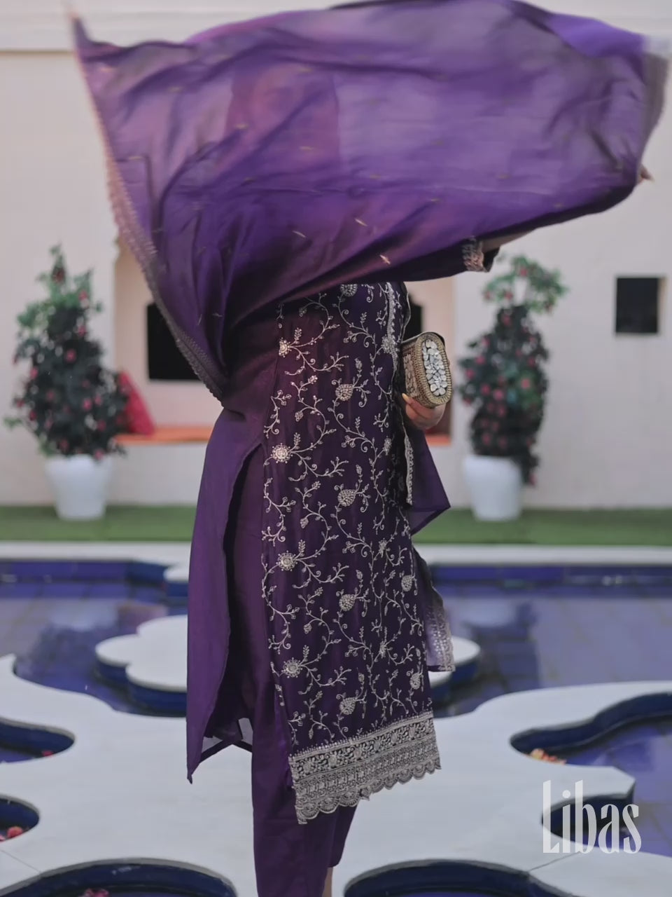  Purple Embroidered Silk Blend Straight Suit Set With Dupatta 