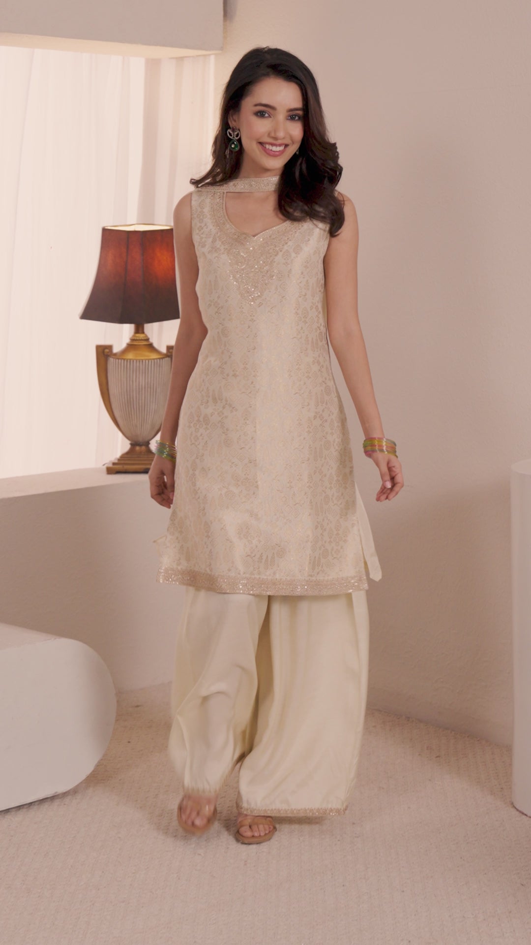  Libas Cream Woven Design Silk Blend Palazzo Suit Set 