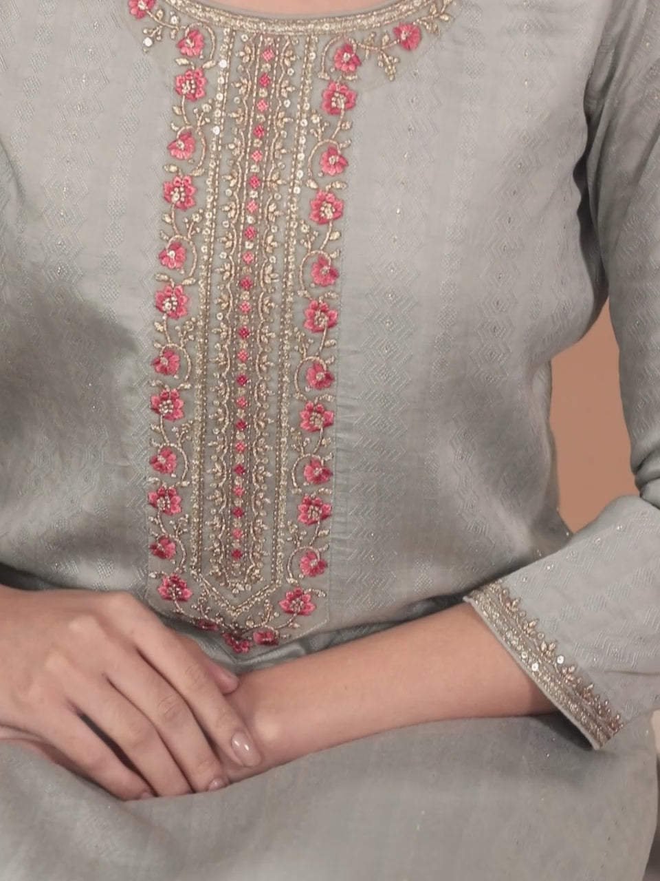  Grey Self Design Rayon Straight Kurta With Trousers & Dupatta 