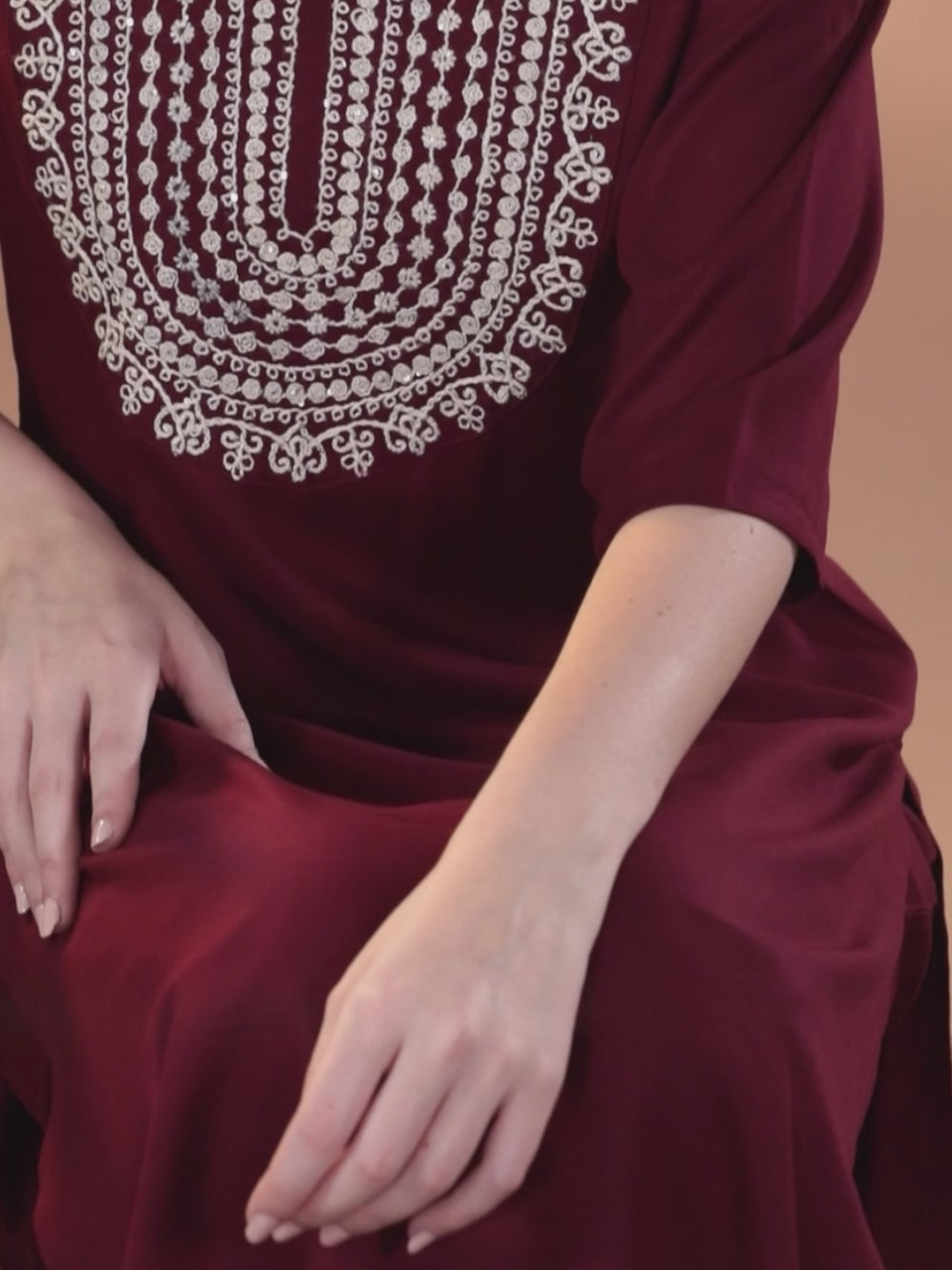 Maroon Yoke Design Wool Blend Straight Kurta With Trousers