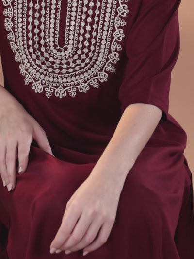 Maroon Yoke Design Wool Blend Straight Kurta With Trousers