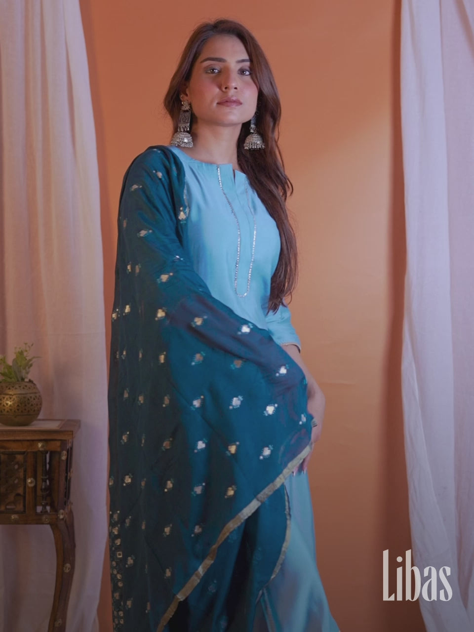  Grey Solid Silk Blend Straight Kurta With Palazzos & Dupatta 