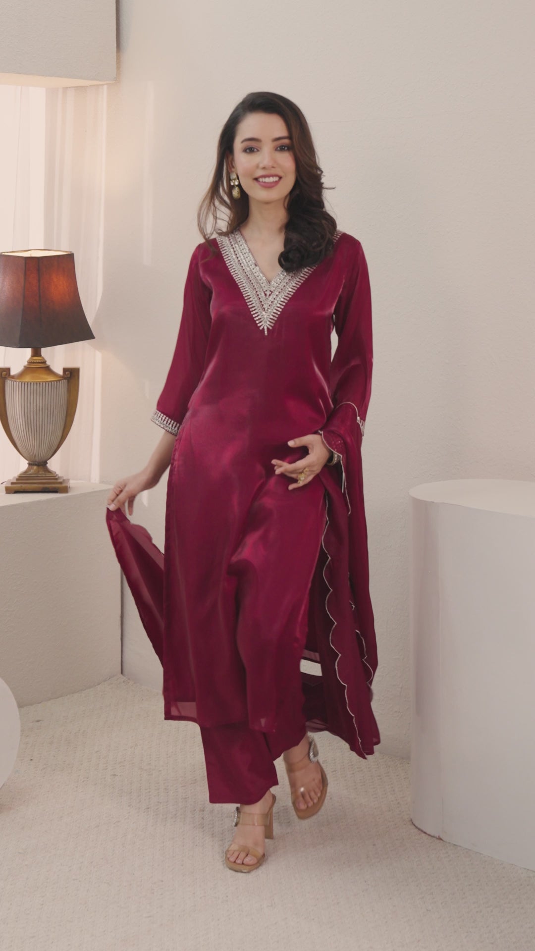  Gerua Maroon Yoke Design Straight Suit Set 